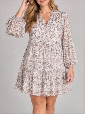 Express Neutral Animal Print Tiered Ruffle Balloon Sleeve Mini Dress M